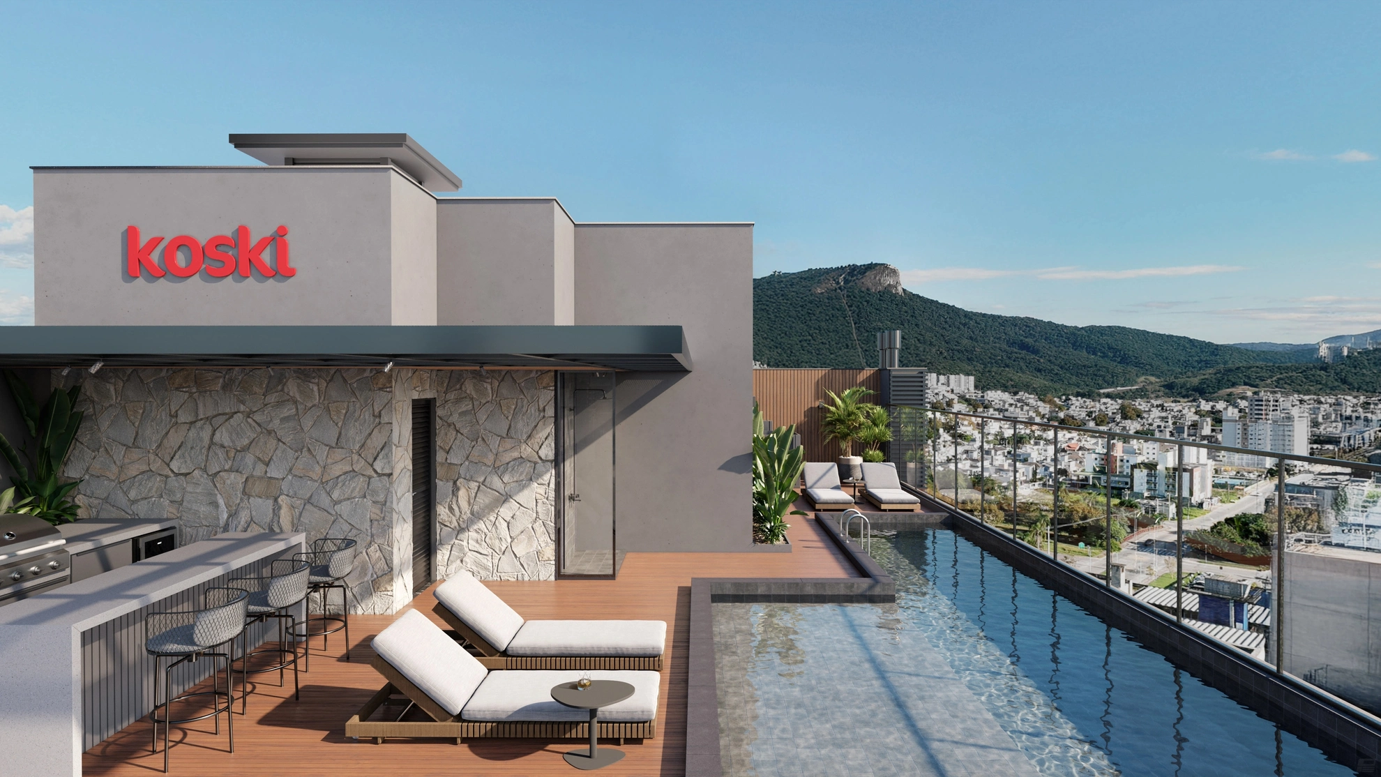 Piscina na cobertura do New York Residence com vista para a Pedra Branca, em Palhoça